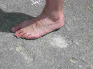 Этот отпечаток Гонзалес и ее коллеги интерпретируют как след левой ноги человека (вполне современная нога 43-го размера показана для масштаба). Фото с сайта www.mexicanfootprints.co.uk