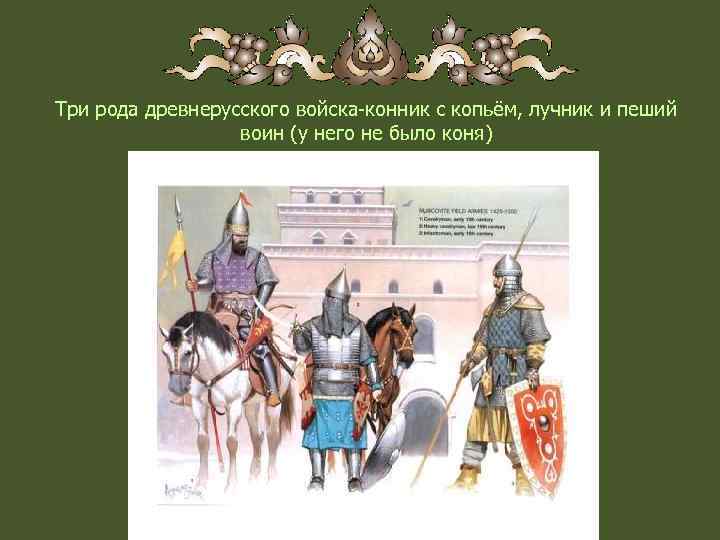 Три рода древнерусского войска-конник с копьём, лучник и пеший воин (у него не было