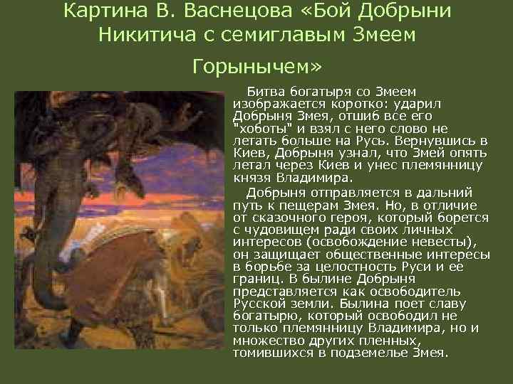Картина В. Васнецова «Бой Добрыни Никитича с семиглавым Змеем Горынычем» Битва богатыря со Змеем