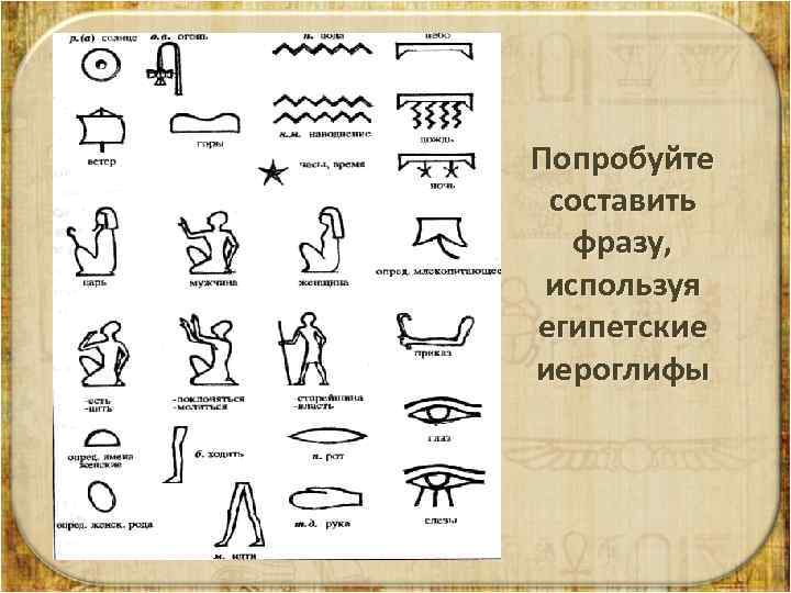 Попробуйте составить фразу, используя египетские иероглифы 