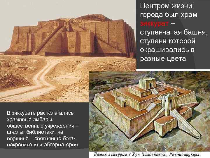 Центром жизни города был храм зиккурат – ступенчатая башня, ступени которой окрашивались в разные