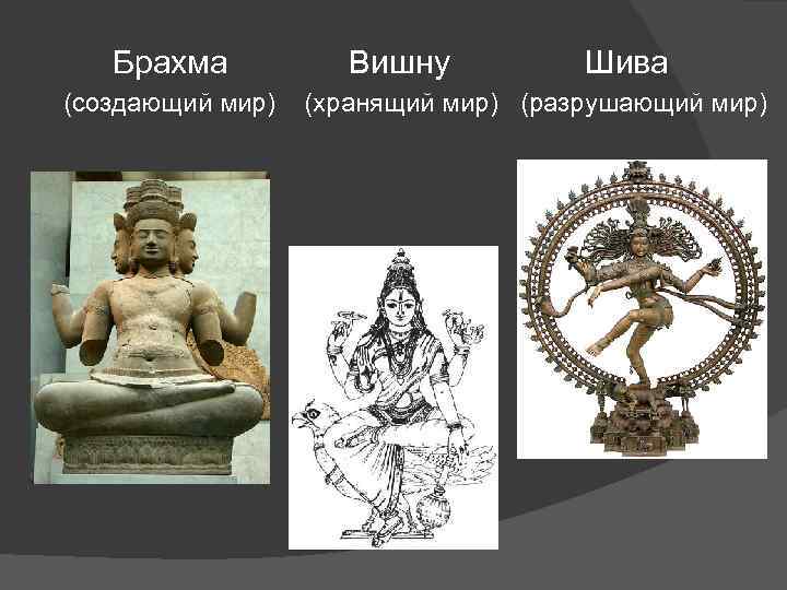 Брахма (создающий мир) Вишну Шива (хранящий мир) (разрушающий мир) 