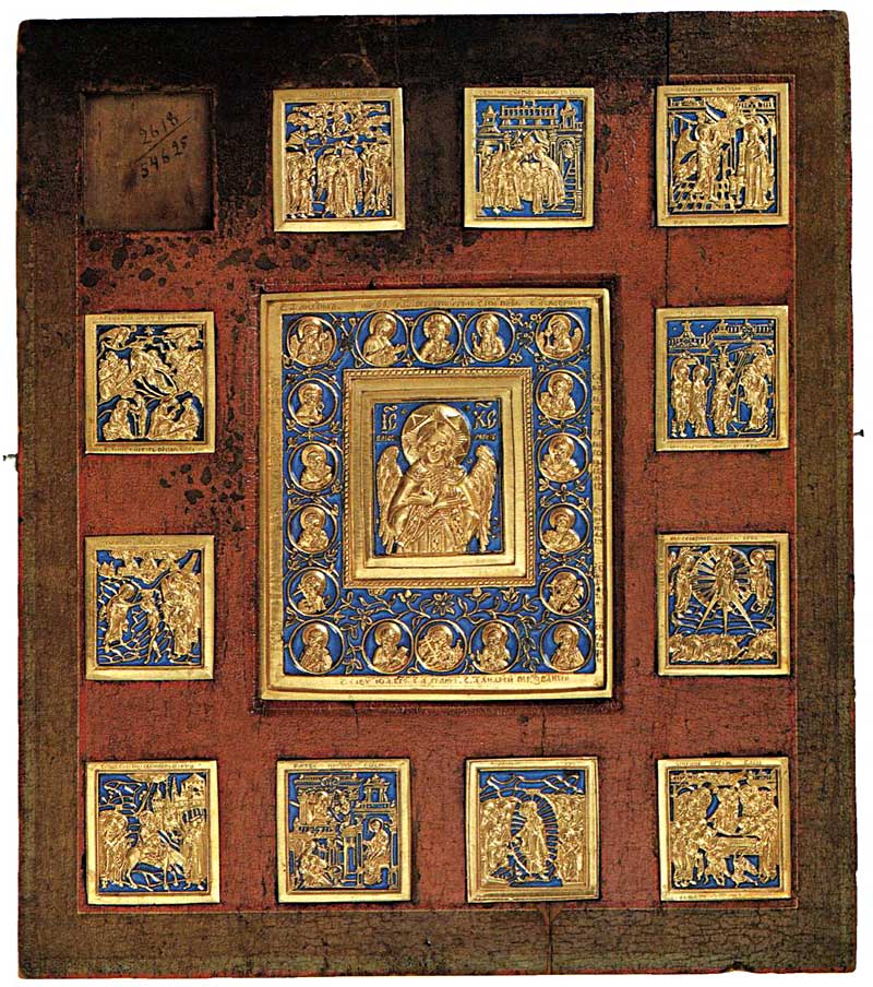 Двенадцать медных икон «Спас Благое Молчание и Двунадесятые Праздники», врезанные в доску. XIX век