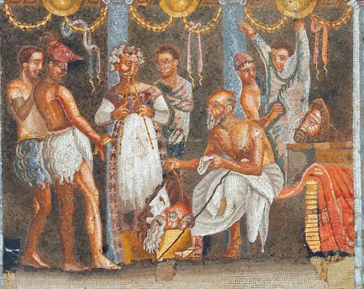 Актеры на задворках театра. Мозаика, I в. до н. э. Национальный археологический музей, Неаполь