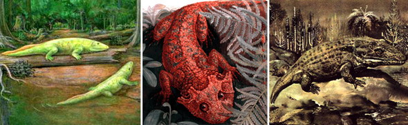 Слева направо: ихтиостега, лантанозух, мастодонзавр