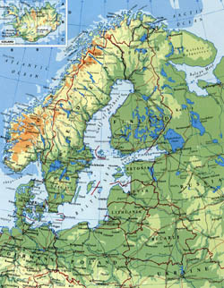 Детальная карта высот Скандинавии.