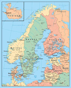 Подробная политическая карта Скандинавии.