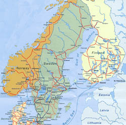 Подробная карта железных дорог Скандинавии.
