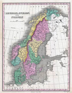 Большая подробная старинная политическая карта Скандинавии - 1827.