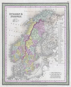 Большая детальная старинная политическая карта Швеции и Норвегии - 1850.
