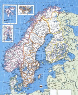 Большая подробная политическая карта Норвегии, Швеции, Финляндии и Дании.