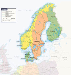 Большая детальная карта железных дорог Скандинавии.