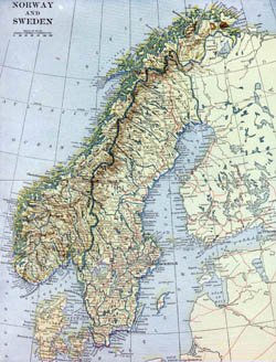 Большая старинная карта Норвегии и Швеции с рельефом, дорогаи и городами - 1922.