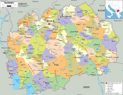 Детальная политико-административная карта Македонии с дорогами, городами и аэропортами.