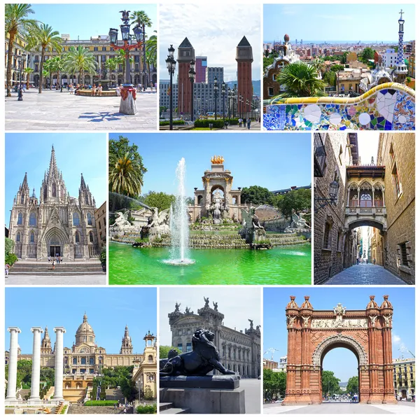 Collage of landmarks of Barcelona, Spain — стоковое фото
