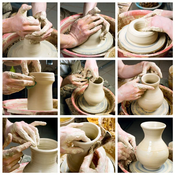 Руки Поттера, создавая земляной jar на круг — стоковое фото