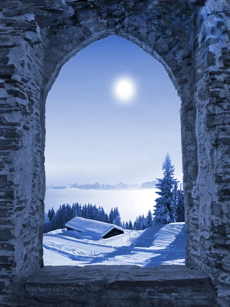 Замок окна с moonlight Декорация Стоковое Изображение