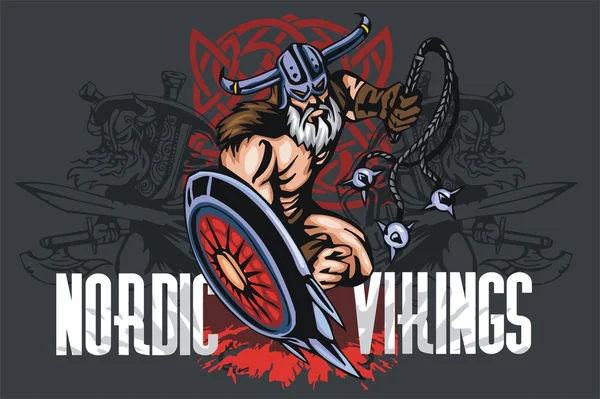 Мультфильм талисмана скандинава викинга с дубинкой и щитом — стоковый вектор