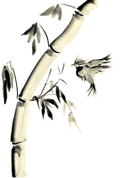 Китайская живопись акварель. Птица и бамбука — стоковое фото