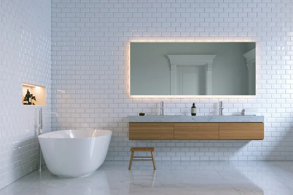 Роскошный интерьер ванной с кирпича стены. 3D визуализация — стоковое фото