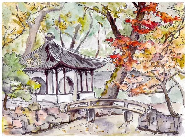 Китайский сад с павильоном мост и Пагода в Сучжоу, Китай — стоковое фото