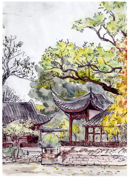 Традиционный китайский сад с беседками Пагода - руку Рисование — стоковое фото