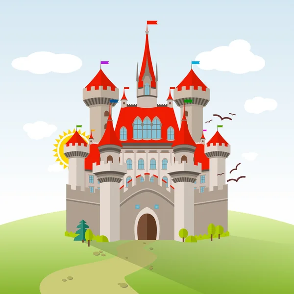 Сказочный замок. Векторная иллюстрация воображение ребенка. Плоский пейзаж с зеленые деревья, трава, путь, камни и облака Векторная Графика