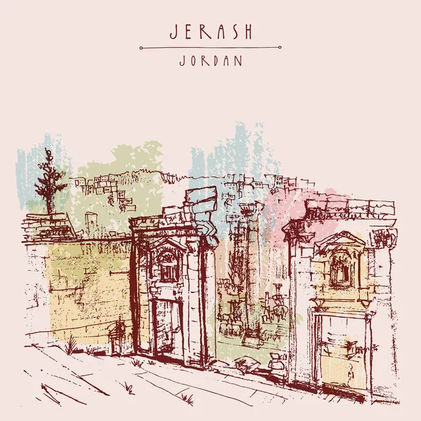 Туристическая открытка с древний город Джераш — стоковый вектор