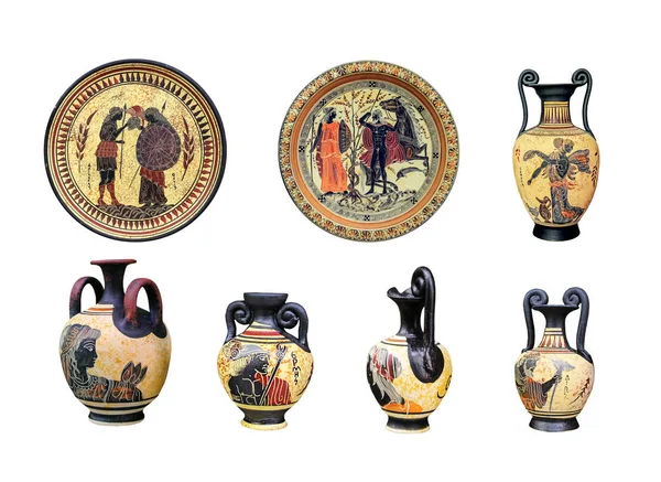 Большой набор древних греческих вазах и плит на белом backgro — стоковое фото