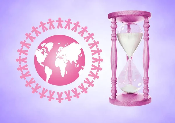 Люди вместе вокруг мира иллюстрации с розовыми яйцо таймер содержащий песка против фиолетовый bac — стоковое фото
