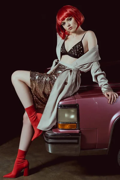Full Length View Beautiful Girl Bra Trench Coat Sitting Car — стоковое фото