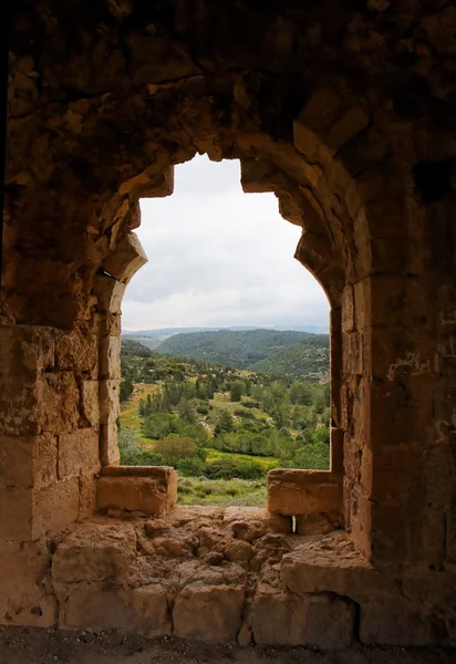 Зеленый ландшафт в разрушенный замок окна Стоковое Изображение