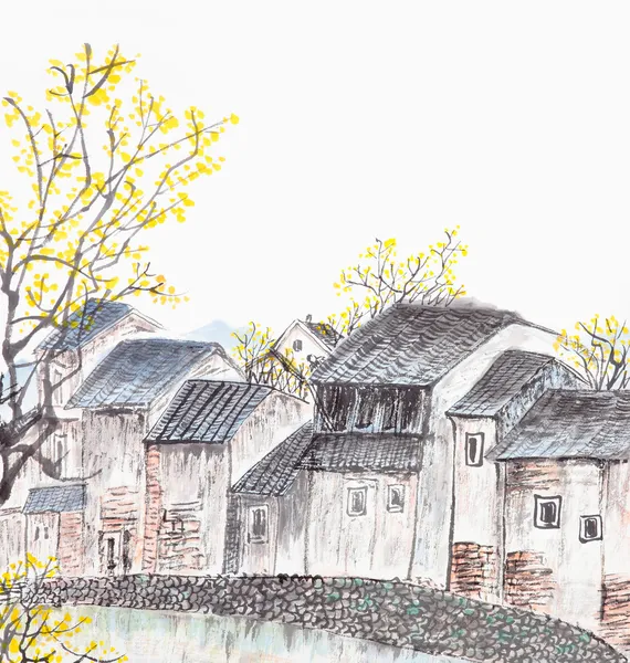 Традиционной китайской живописи старых дом ландшафт страны — стоковое фото