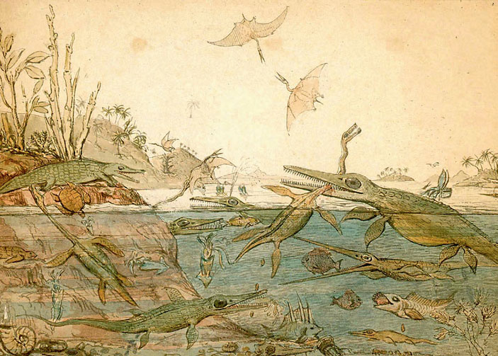 Жизнь древнего водоёма на территории нынешнего графства Дорсет в западной части Англии. Рисунок Генри де ла Беша («Кот Шрёдингера» №9–10, 2017)