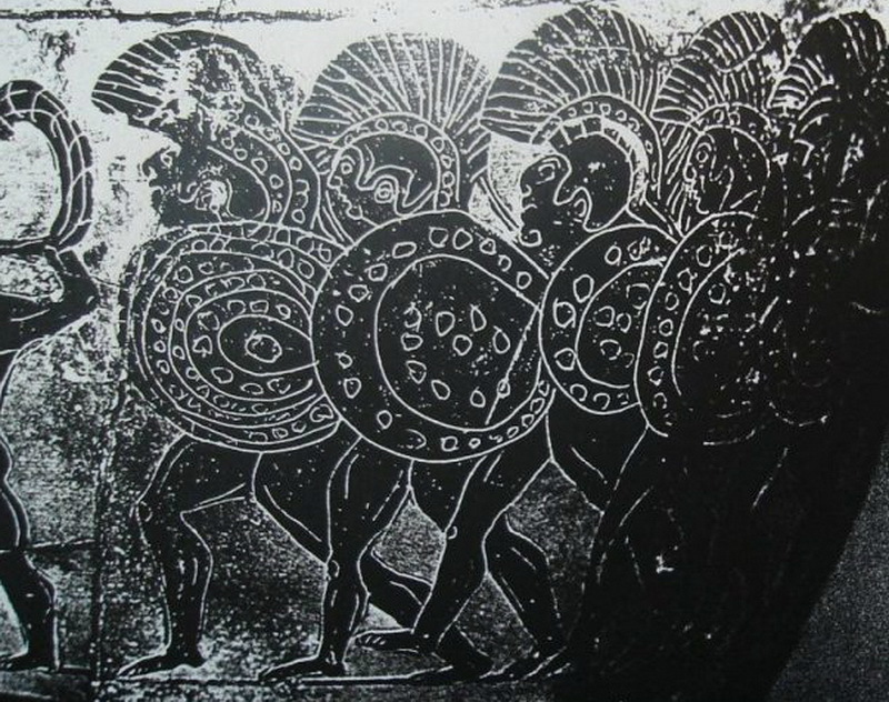 ​Чёрнофигурная вазопись из Тарквиний (Италия) с изображением фаланги гоплитов, идущей в атаку под звуки трубы - Так создавались легионы: фаланга в Древнем Риме | Warspot.ru