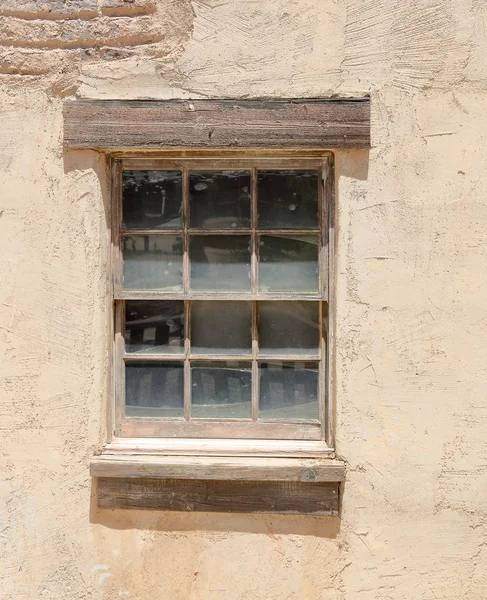 Old Wood Framed Window Twelve Glass Panes Set Adobe Wall — стоковое фото