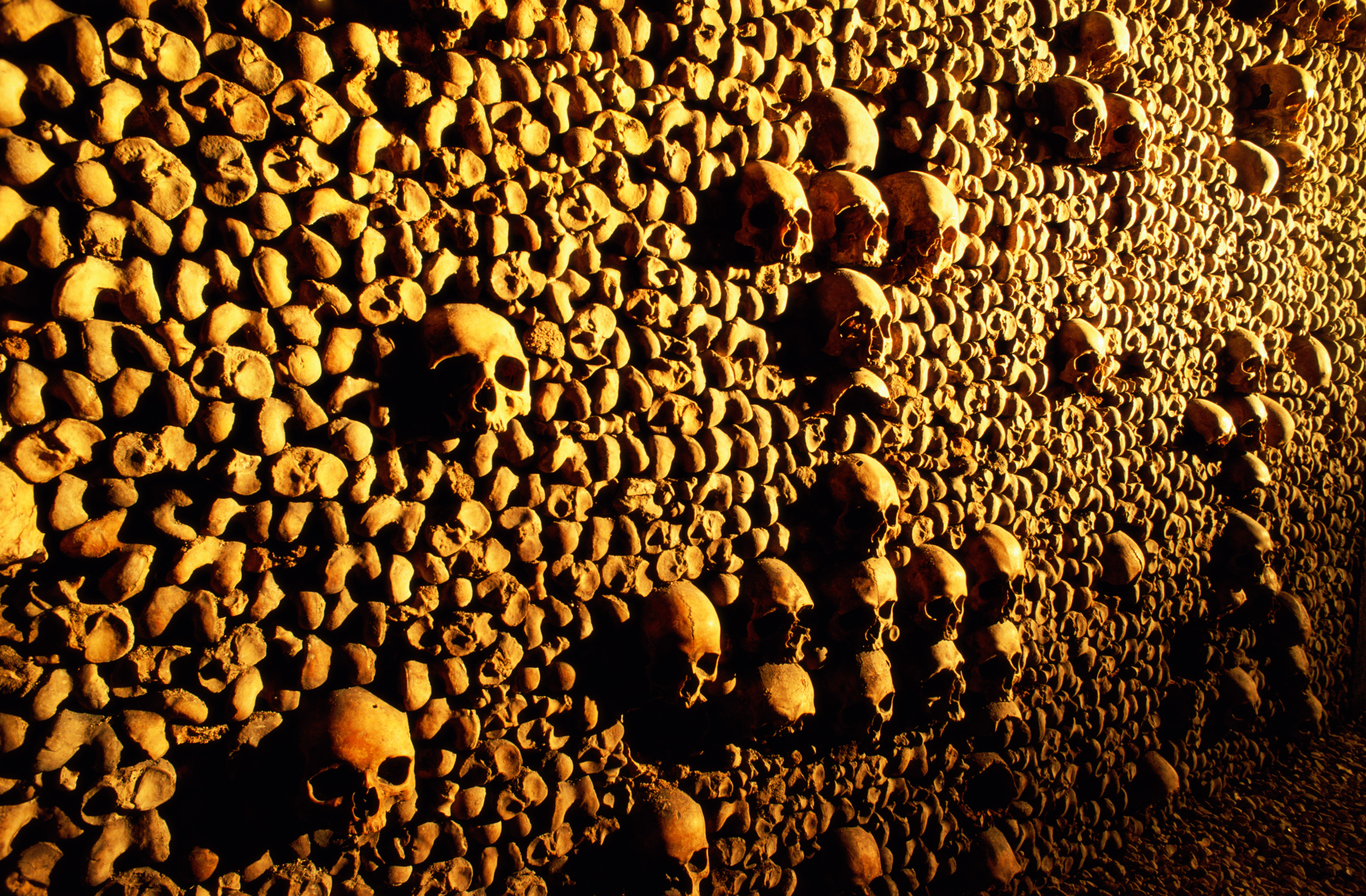 Тоннель из костей и черепов при тусклом желтом свете в Парижских катакомбах, Франция