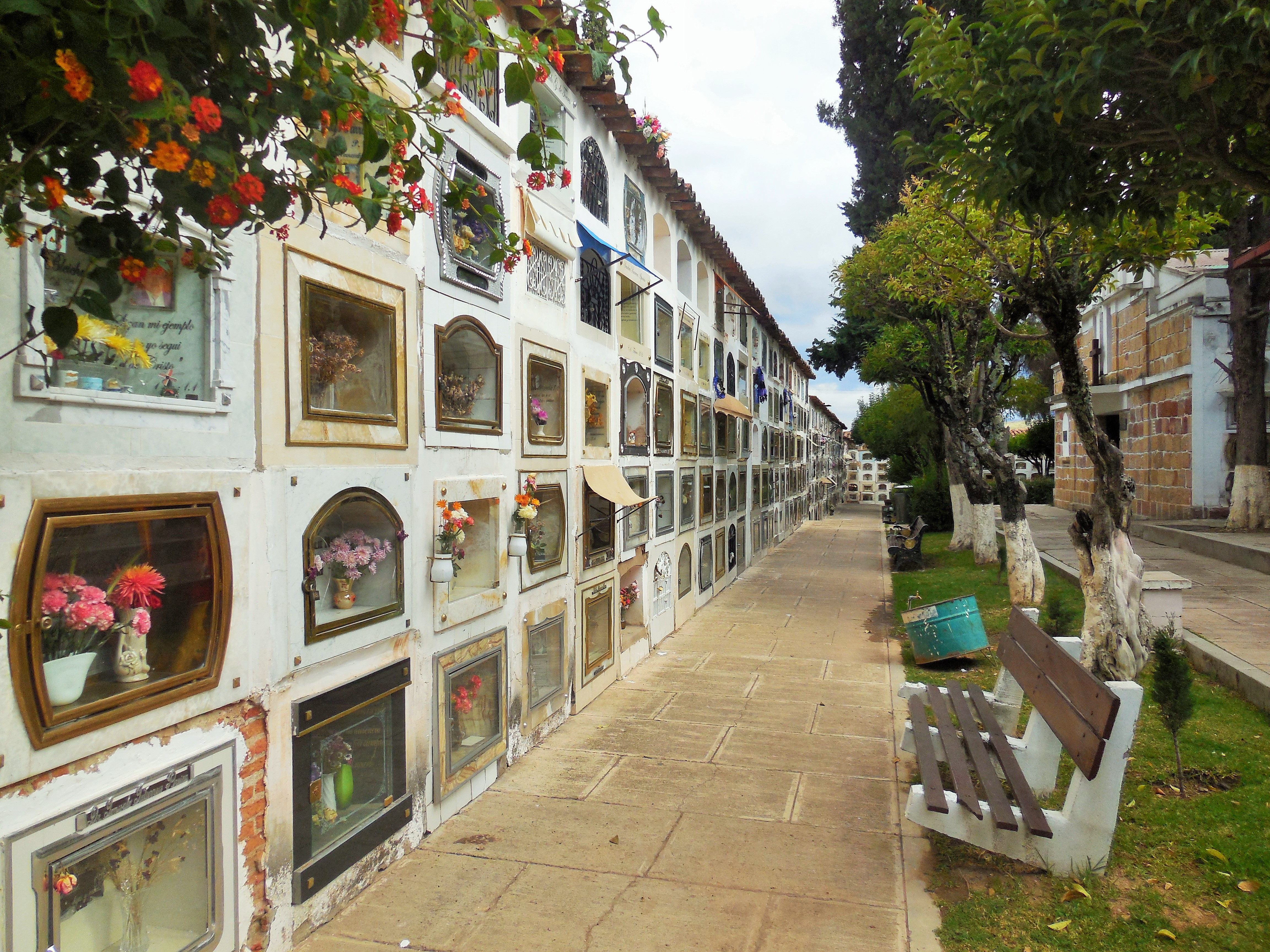 Украшенные цветами могилы-сейфы на Центральном кладбище Сукре в Боливии рядом со скамейками для отдыха посетителей